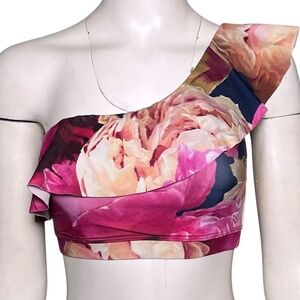 Albion Swim Top Womens Size XS Pink Floral Peonies Icon Wave Ruffle One Shoulder